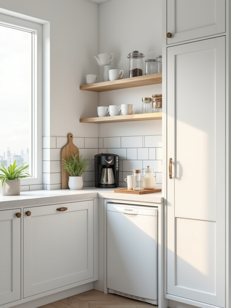 Portrait view of a white kitchen beverage station with organized mugs and coffee setup.