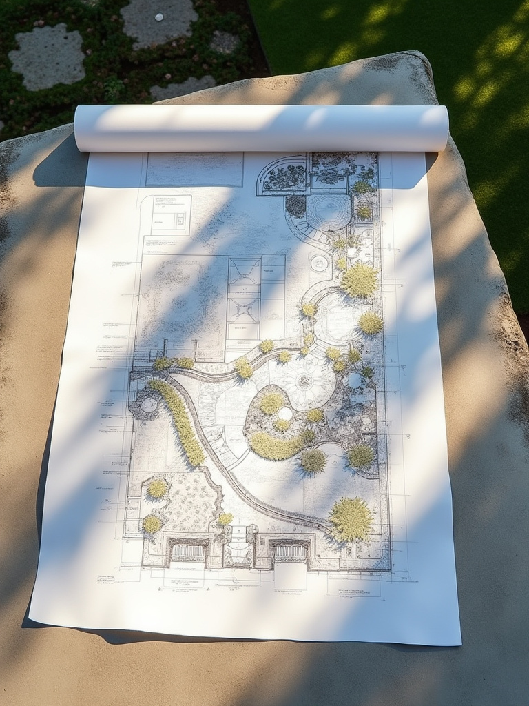 Detailed landscape design blueprint on a stone surface, illustrating backyard features, plants, and pathways.