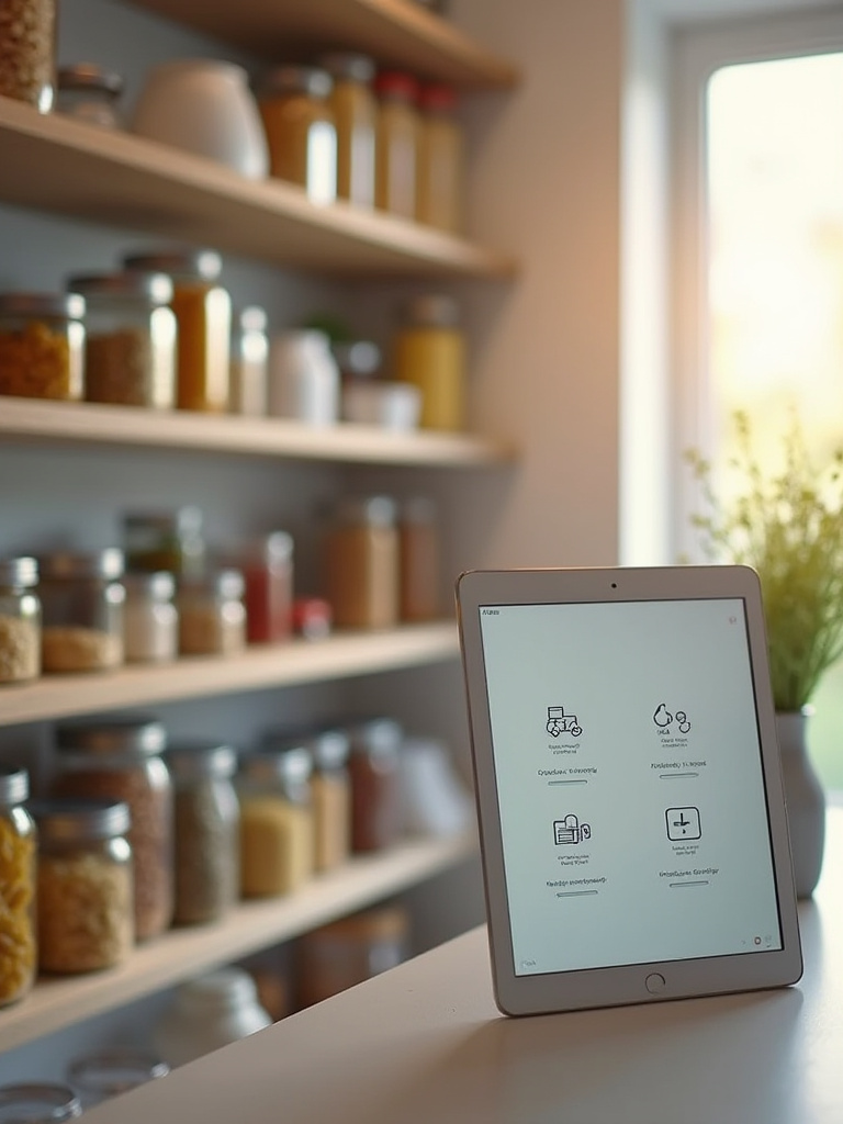 A modern kitchen pantry with neatly organized shelves of various staples, with a tablet displaying a digital inventory app interface on a counter in the foreground, illuminated by soft natural light.