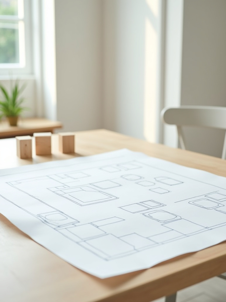 Detailed blueprint of a bedroom floor plan with scaled furniture cutouts on a desk, representing the planning process for bedroom decor.