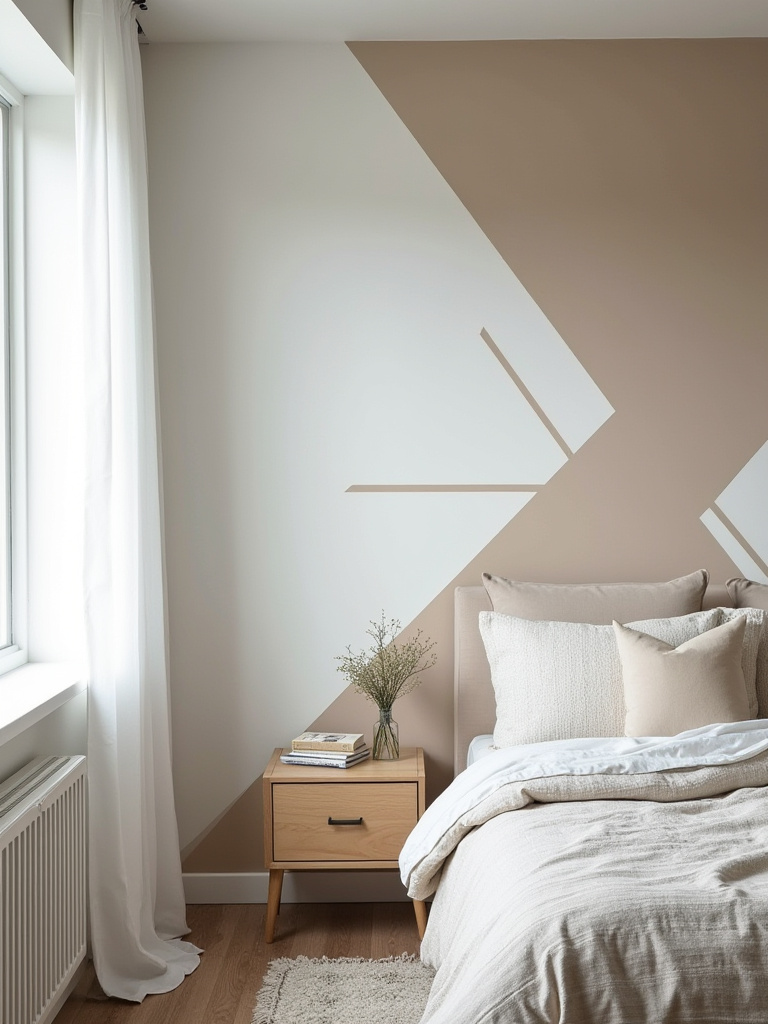 Portrait view of a bedroom with an stencil- or masking tape-created accent wall