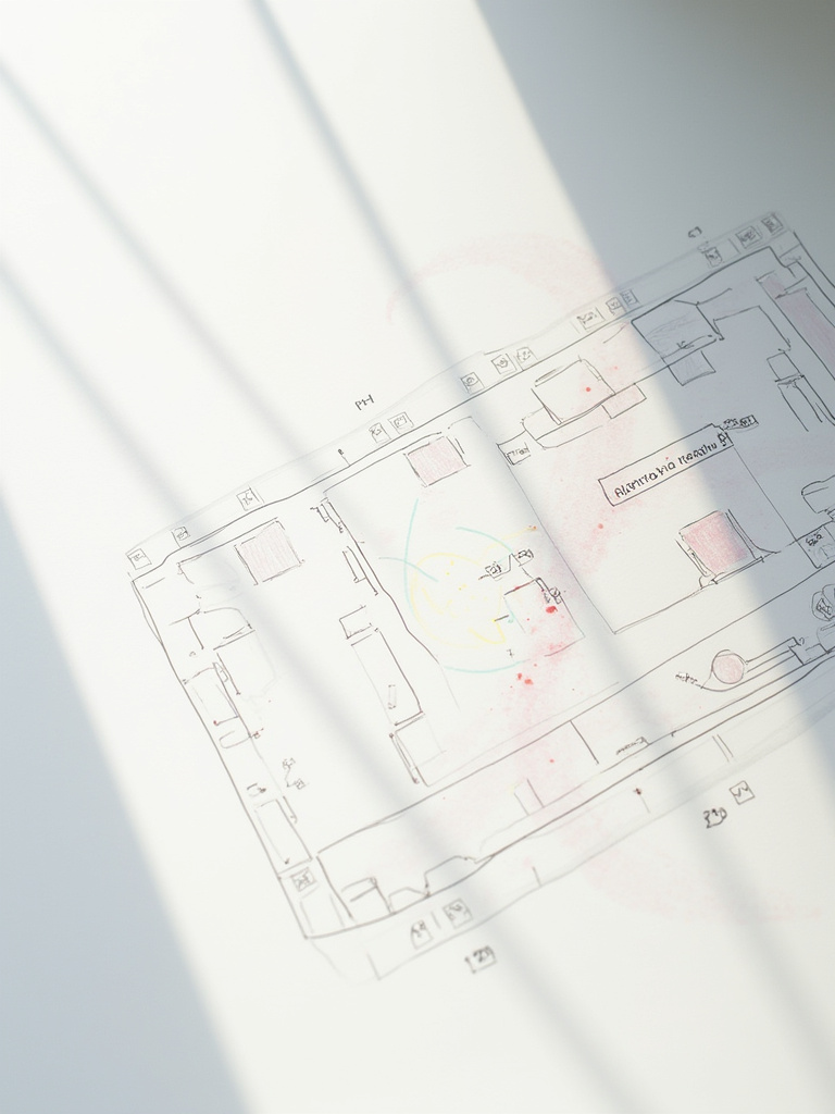 Abstract visual representation of a detailed bathroom renovation project timeline with interconnected planning phases, emphasizing organization and sequential workflow on a clean design.