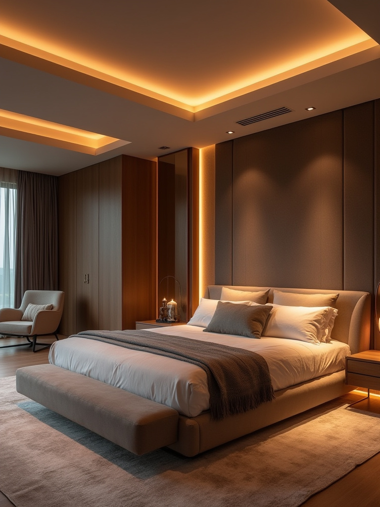 Portrait of a luxury bedroom showing integrated architectural lighting and refined millwork