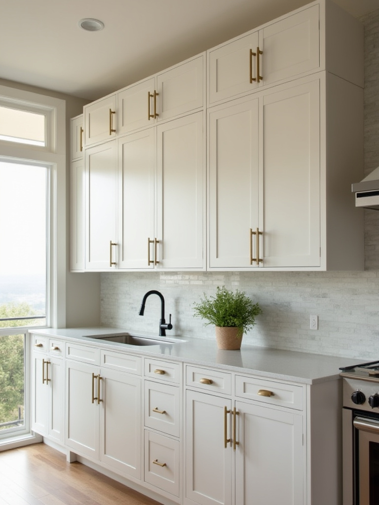 Portrait kitchen wall with cohesive cabinet hardware in brushed brass and satin nickel