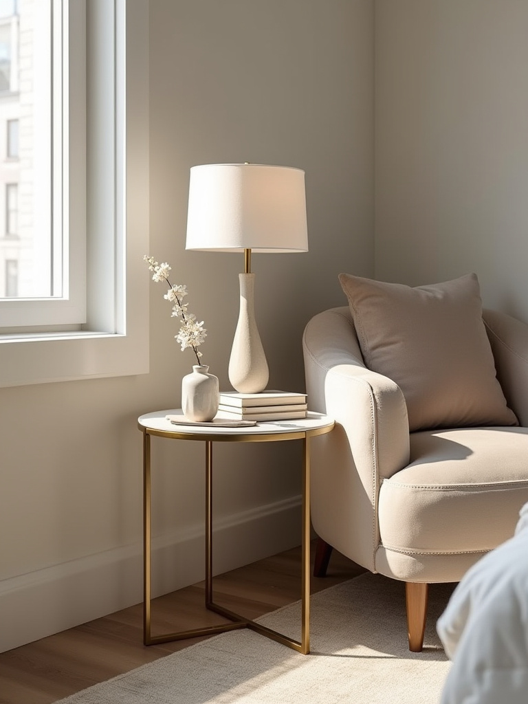 A beautifully styled decorative accent table in a bedroom, featuring a lamp, books, and a plant next to a comfortable armchair, enhancing the room's aesthetic.