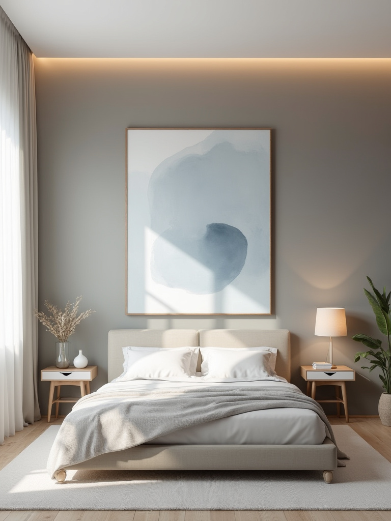 Portrait view of a modern bedroom with a minimalist artwork focal point above a low-profile bed
