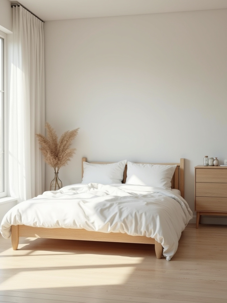 Minimalist clutter-free bedroom with open floor space and clean surfaces