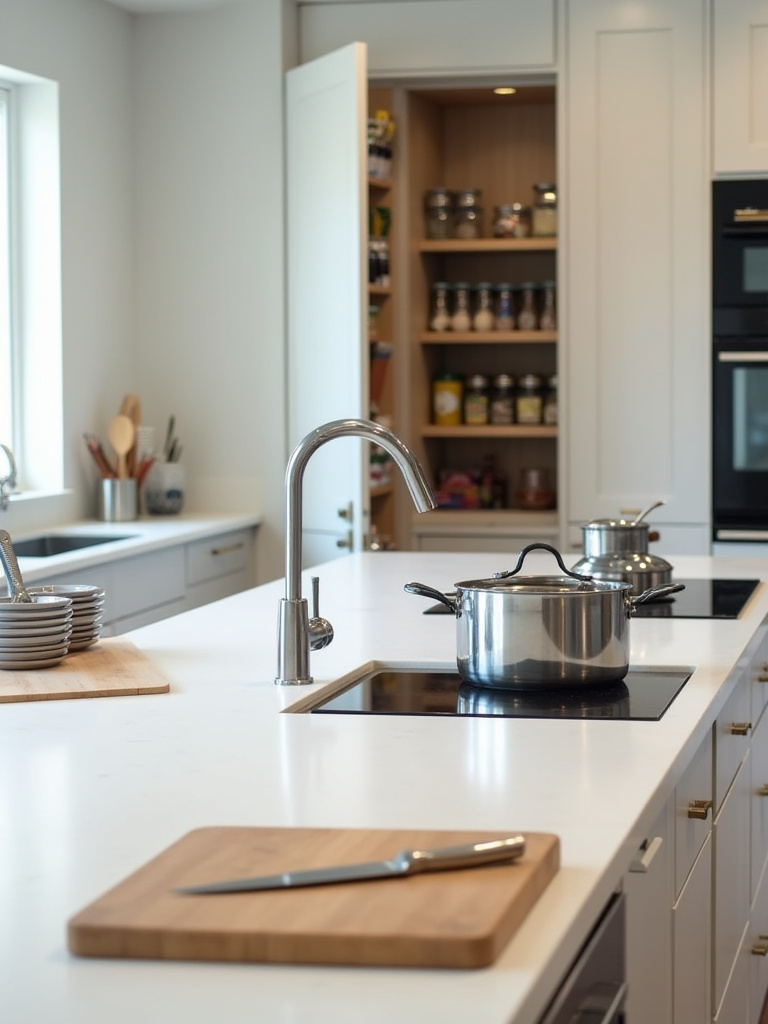 A beautifully organized kitchen featuring distinct zones for food preparation, cooking, and storage, showcasing optimal layout and efficiency in a bright, modern setting.