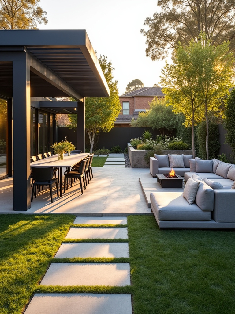 A professionally designed backyard showcasing distinct outdoor dining, lounge, and garden functional zones connected by elegant pathways.