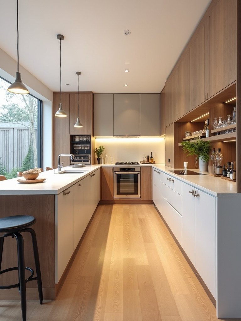 Portrait of a modern kitchen bar set-up showing dining, prep, and social hub zones.
