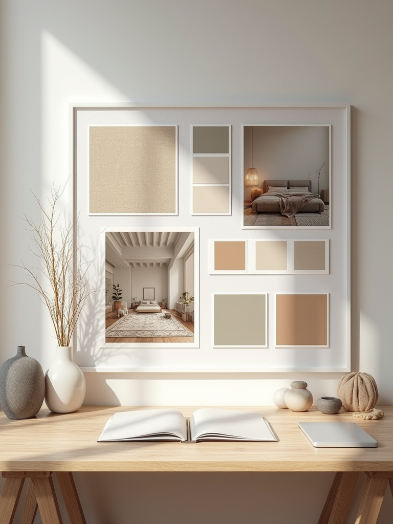 A neatly arranged physical mood board featuring various fabric swatches, paint chips, and small decor items on a light wood desk, defining a cohesive bedroom aesthetic.