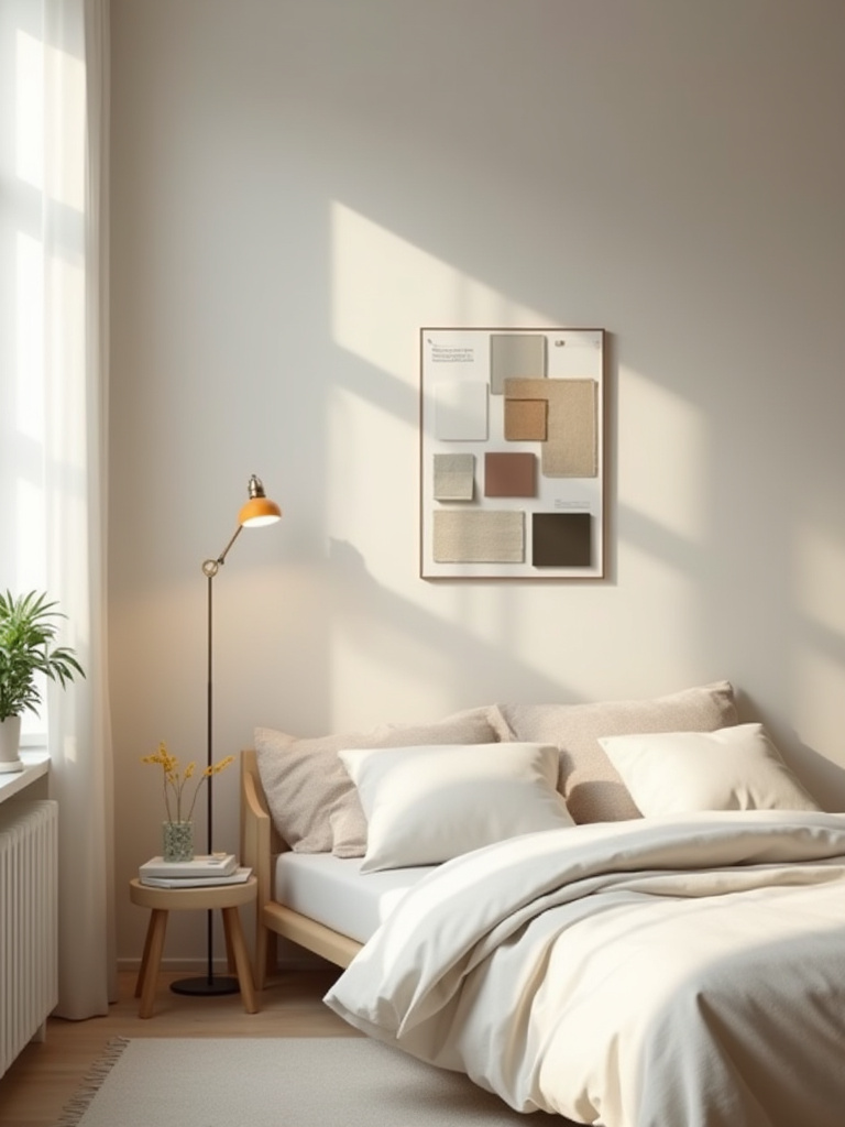 Portrait mood board setup in a calm bedroom with color swatches and textures