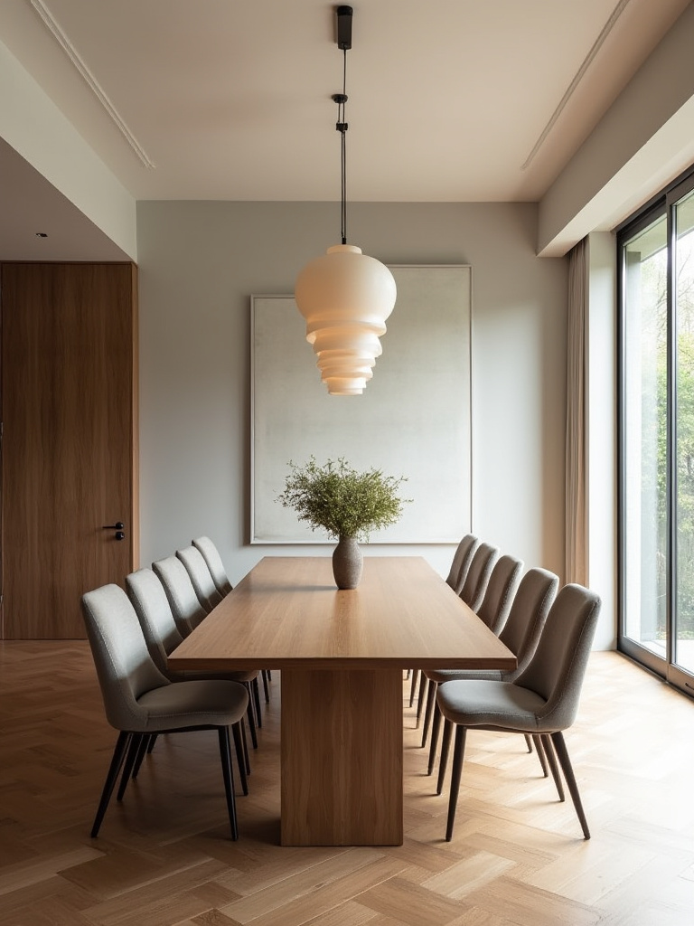Well-organized and versatile dining room interior with a long wooden table and comfortable chairs, ready for various functions.