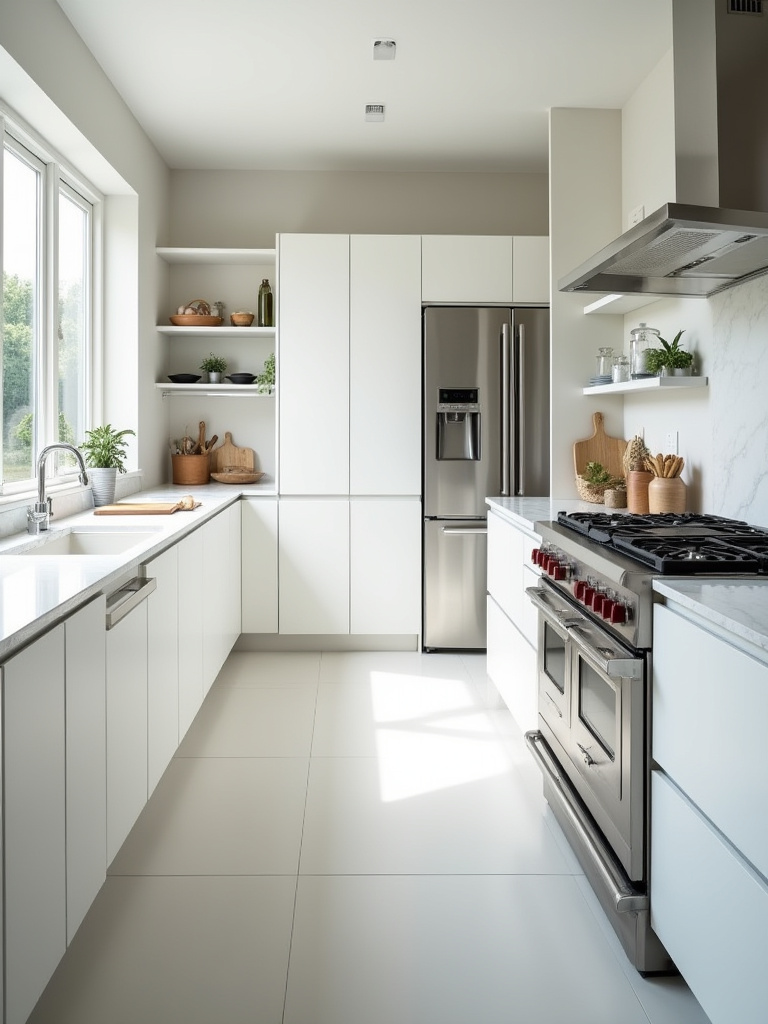 A well-organized modern kitchen interior showing distinct zones for food preparation, cooking, and storage, emphasizing efficient layout and workflow.