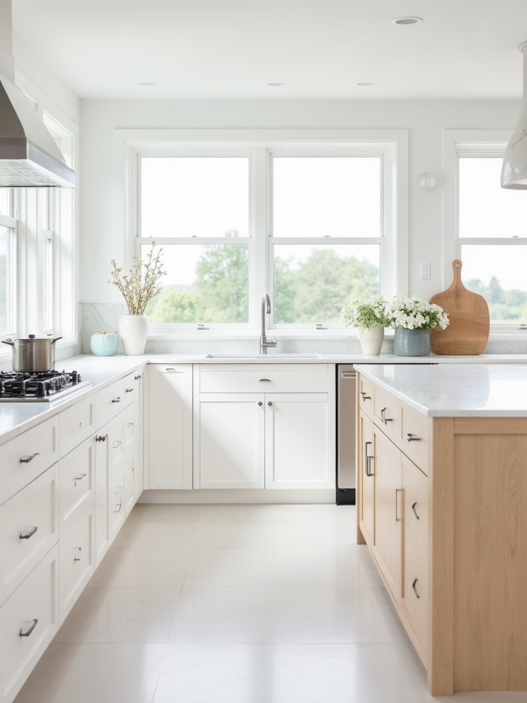 Portrait view of a white kitchen with signature aesthetic elements