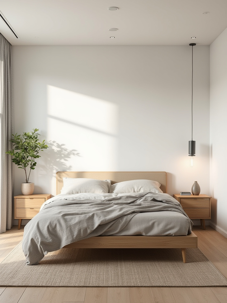 Portrait of a serene modern bedroom with cohesive aesthetic influences (minimalist, Scandinavian, mid-century).