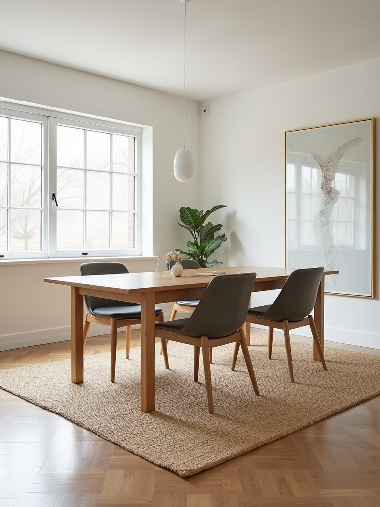 A professional portrait photograph of a modern dining room featuring a large, natural fiber area rug beneath a wooden dining table and upholstered chairs. All chair legs are on the rug, defining the space within an open-concept layout.