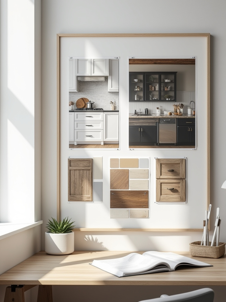 Visual mood board displaying various farmhouse kitchen cabinet sub-niches with sample doors, hardware, and finishes, emphasizing style definition.
