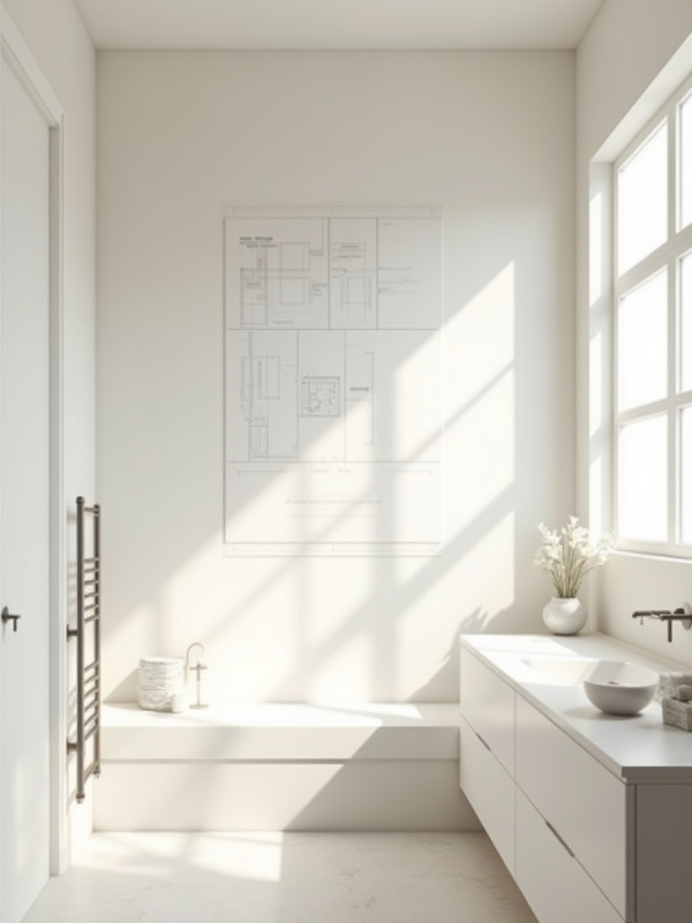 Conceptual modern bathroom with subtle design lines, representing defining aesthetic and functionality goals for a renovation