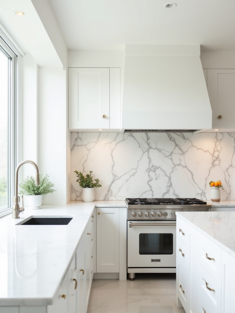 Portrait of a bright white kitchen with a dramatic focal-point backsplash