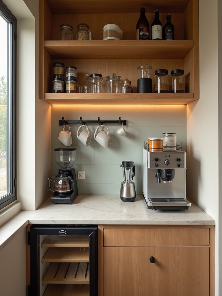 Portrait view of a modern kitchen coffee bar nook with espresso setup and open shelves.