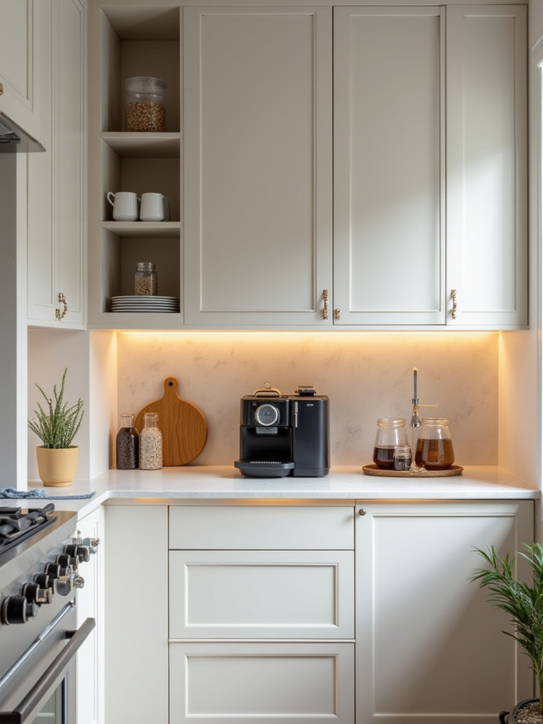 Portrait view of a modern kitchen coffee station with built-in counter, espresso machine, mugs, and storage.