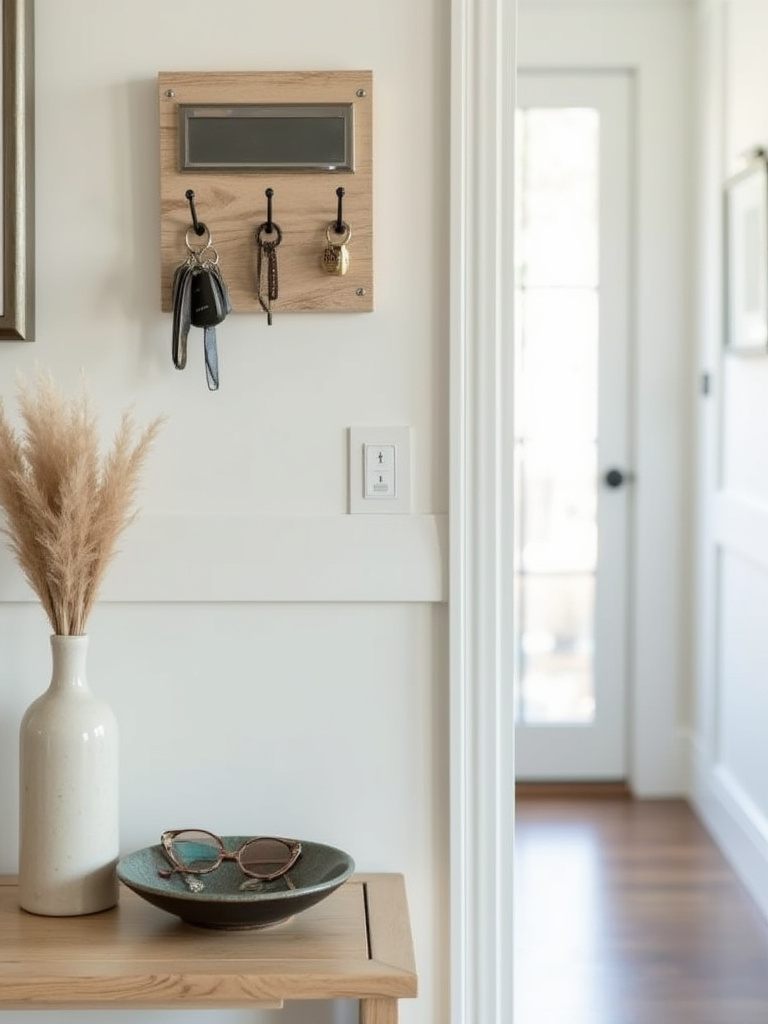 Organized drop zone for keys and mail at home entryway, featuring wall hooks and mail sorter.