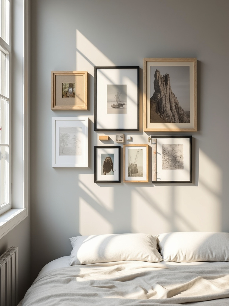 Bedroom gallery wall with mixed frames and personal mementos above bed