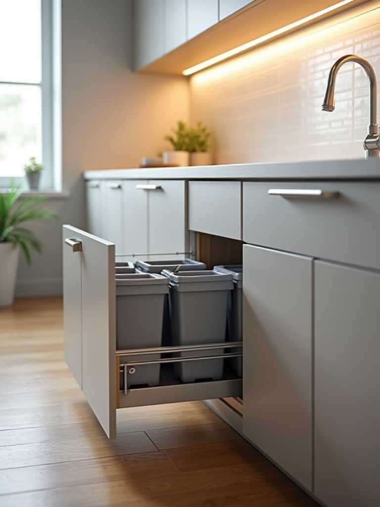Modern kitchen with integrated waste and recycling center concealed in base cabinet.