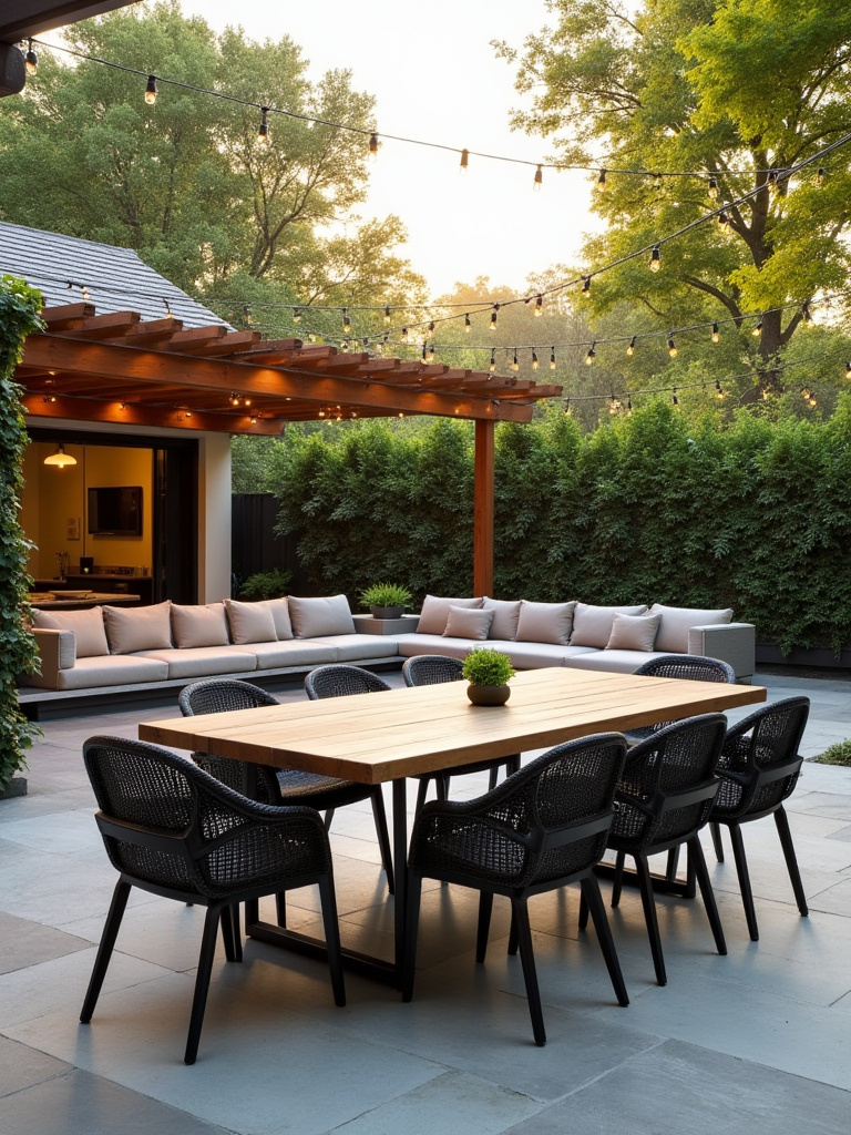 A modern backyard features a teak dining table and powder-coated lounge seating under a pergola with string lights, set on stone pavers and composite decking, showcasing functional outdoor living design.