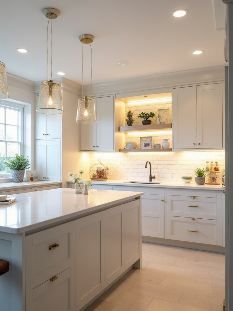 Portrait of a modern kitchen with layered lumens and bright work surfaces