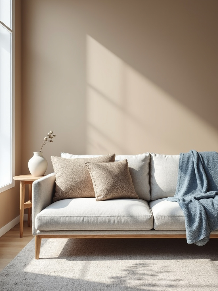 Modern living room with a neutral color palette, showcasing how existing furniture and wall colors create a cohesive aesthetic, ideal for planning wall decor.