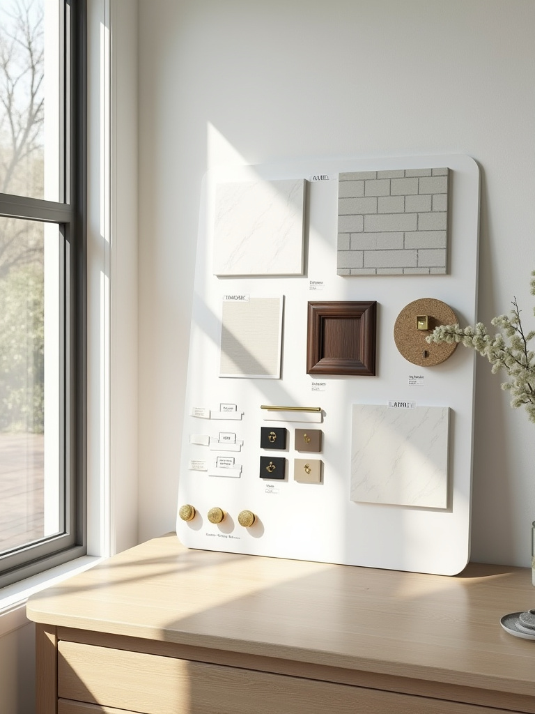 Kitchen design mood board with various physical material samples, including tiles, wood, paint swatches, and hardware, arranged for material selection guidance and visual coherence.