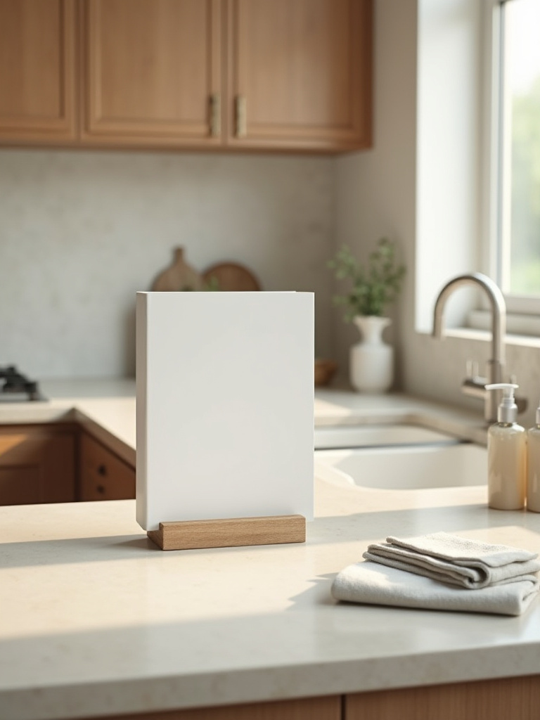 Portrait vertical view of organized kitchen maintenance setup with a blank binder and unlabeled bottles on a quartz counter