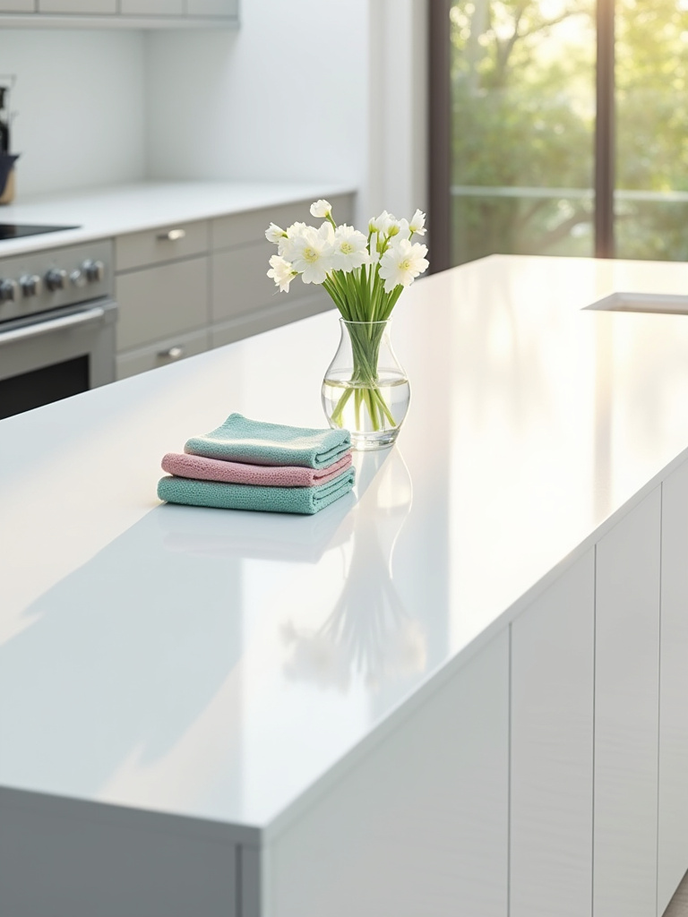 A sparkling clean contemporary kitchen island with cleaning cloths and flowers, representing a well-maintained kitchen through proactive maintenance.