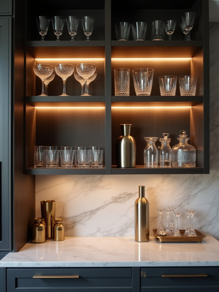 Elegant kitchen bar with curated barware and glassware on display