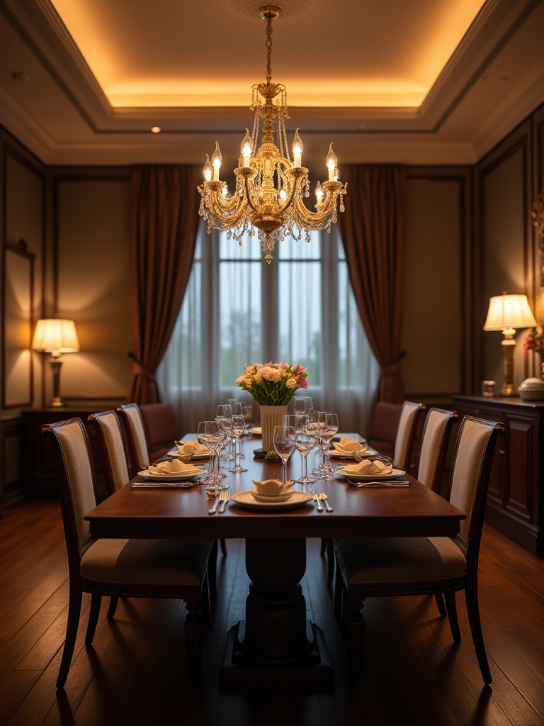Elegant dining room with strategic layered lighting, featuring a central chandelier, recessed lights, and buffet lamps creating a warm and inviting ambiance.