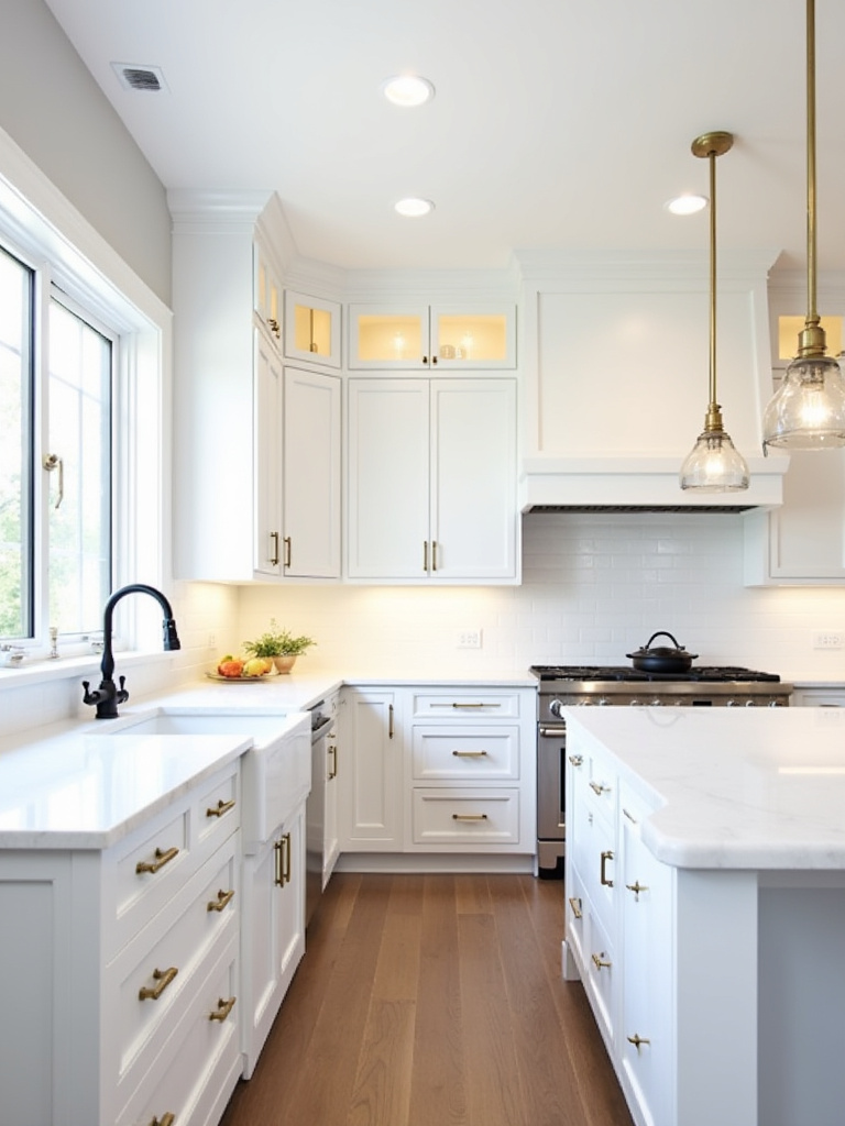 White kitchen with statement hardware and fixtures, portrait view