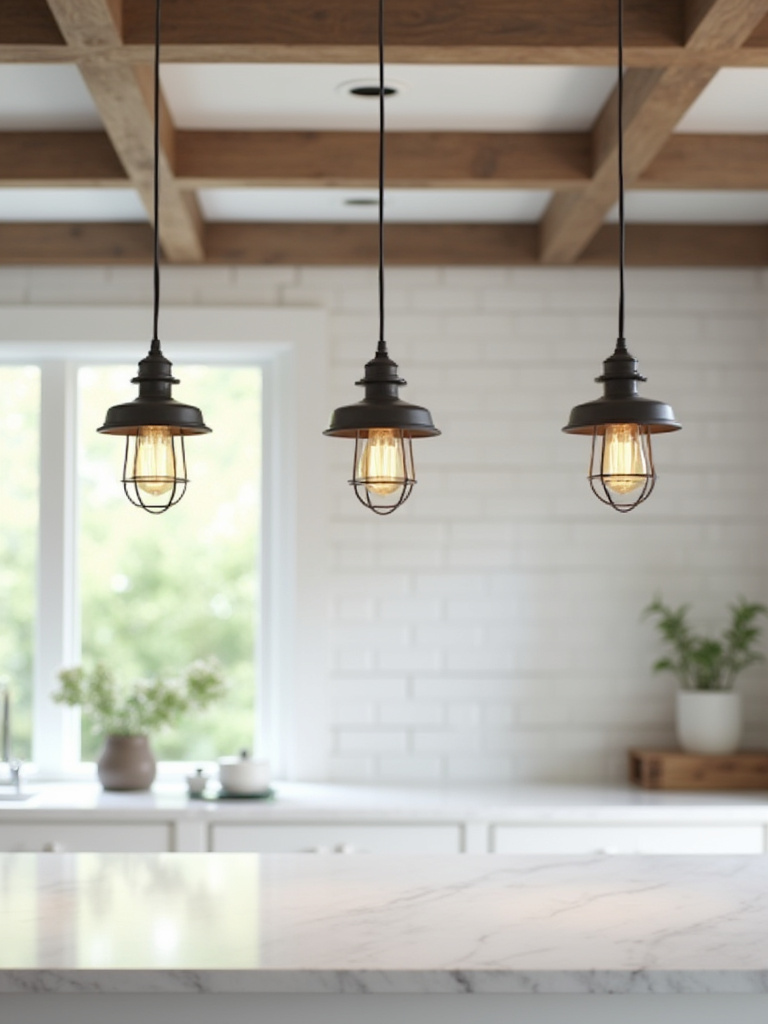 Three matte black industrial-style pendant lights illuminating a white quartz kitchen island in a modern farmhouse kitchen, with rustic wood beams.