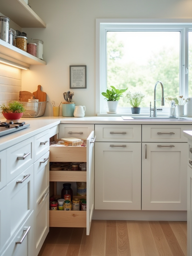 A modern ergonomic kitchen featuring varying counter heights and accessible pull-out storage, designed for enhanced comfort and safety.