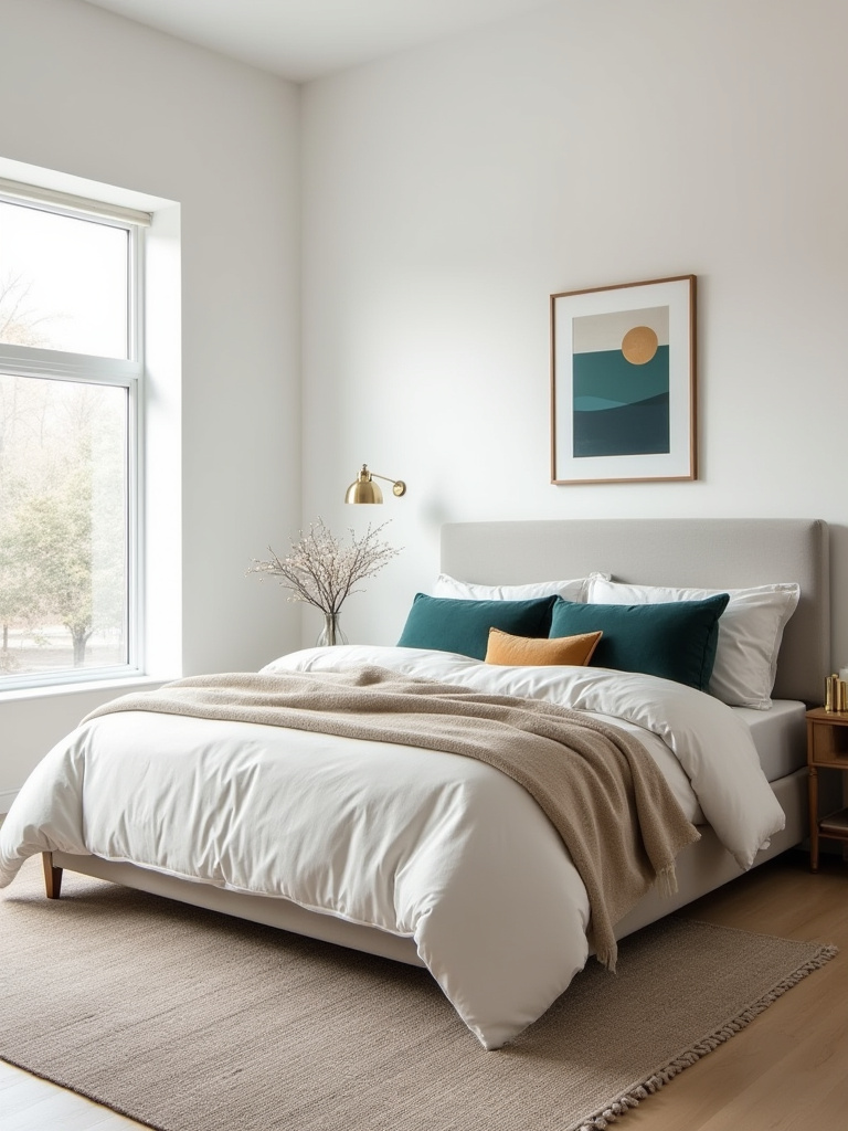 Serene neutral bedroom with teal accent pillows and brass details