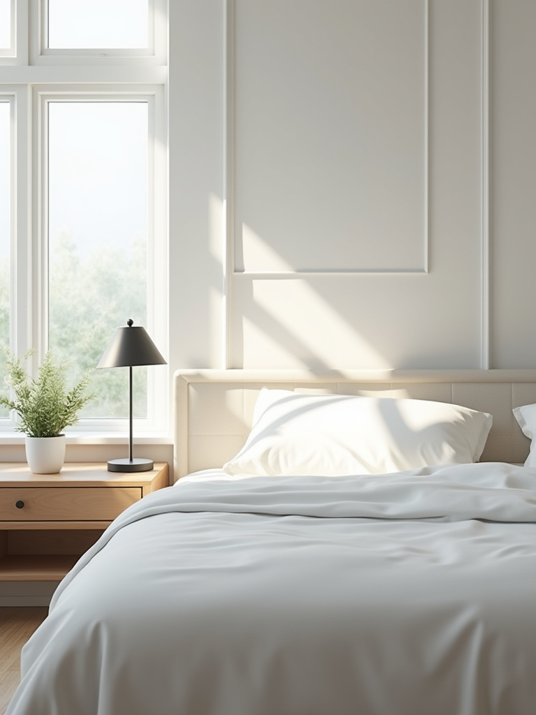 A perfectly organized and decluttered modern bedroom, featuring crisp white linens, a minimalist nightstand, and soft natural light, illustrating a serene retreat created through effective bedroom decluttering.