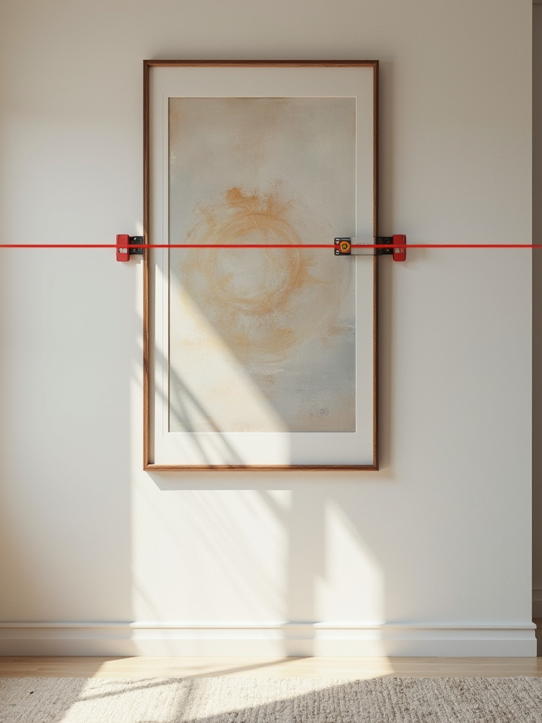 Close-up of laser level and spirit level confirming a perfectly horizontal, securely hung abstract art piece with D-rings on a modern living room wall.