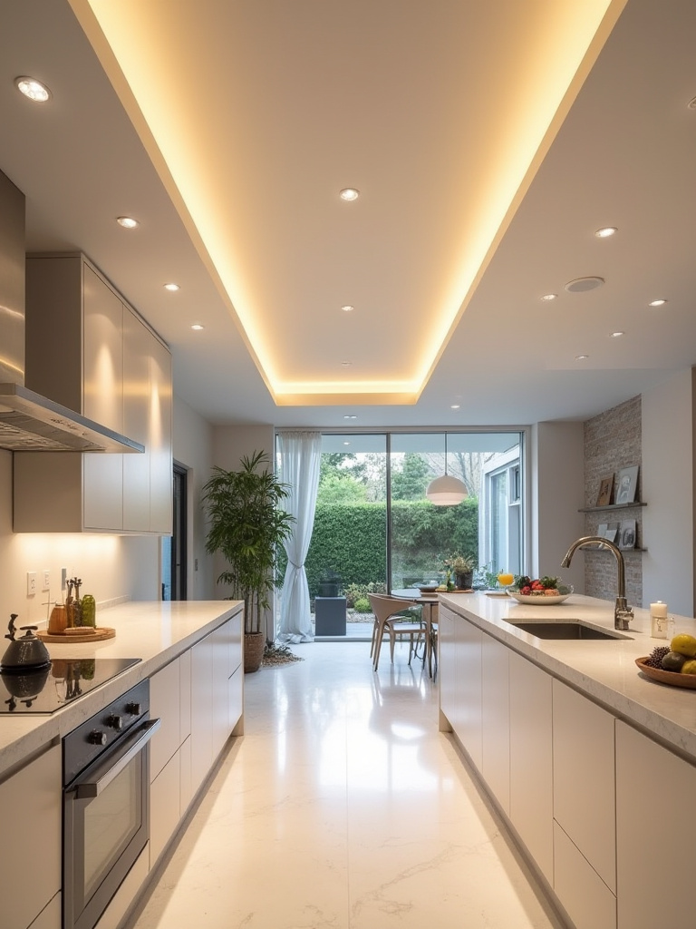 Portrait of a modern kitchen ceiling with evenly spaced recessed lights for uniform distribution
