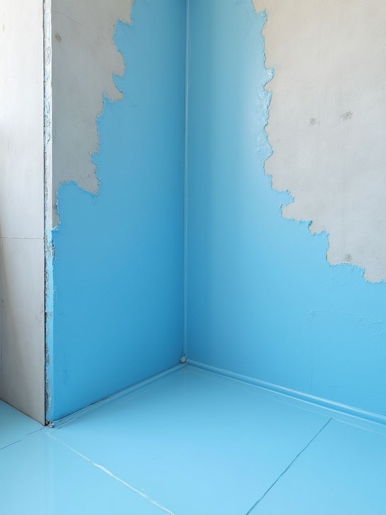 Detailed shot of a modern bathroom shower wall with a vibrant blue liquid waterproofing membrane being applied over the clean, prepped substrate, ensuring complete coverage and protection.