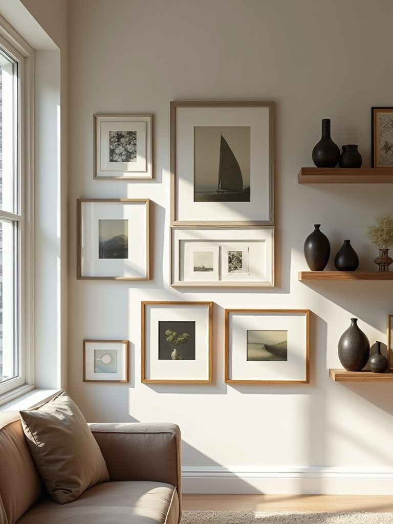 Elegantly decorated living room wall with a curated gallery, reflecting smart budget-guided decor choices.