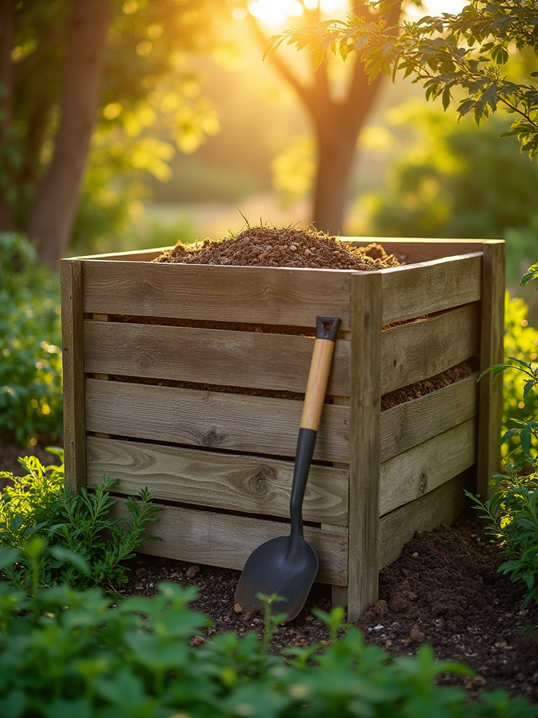 A professional photo of a well-maintained backyard composting system made from recycled wood, surrounded by lush garden greenery under dappled sunlight.