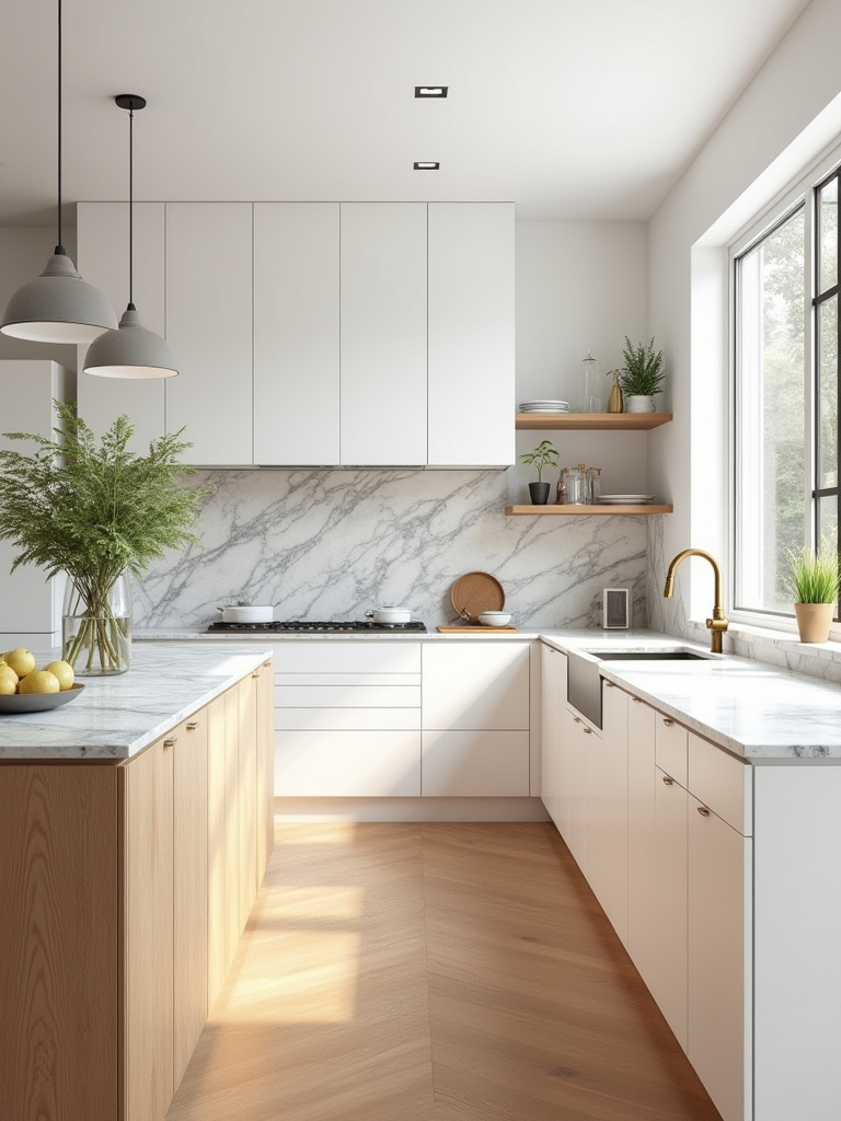 Portrait view of a white kitchen with a warm material palette featuring wood, stone, and metal finishes