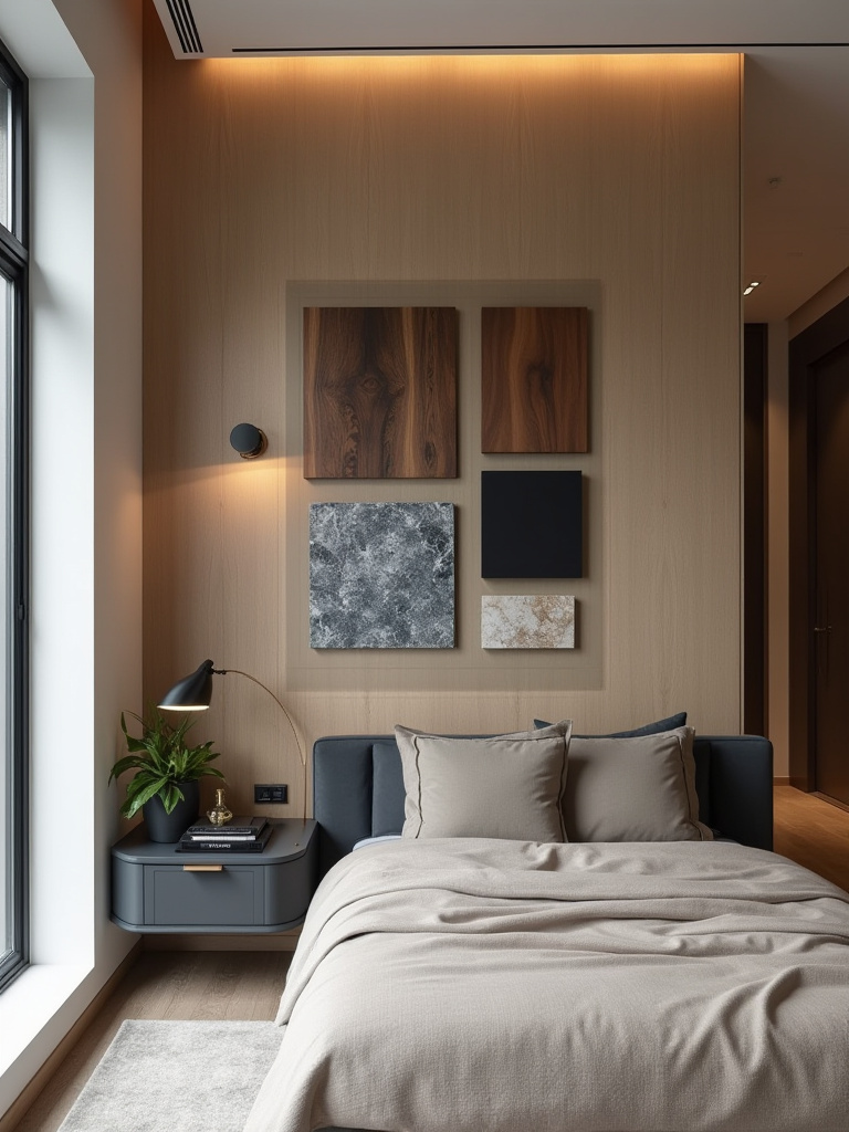 Luxurious bedroom material palette portrait display