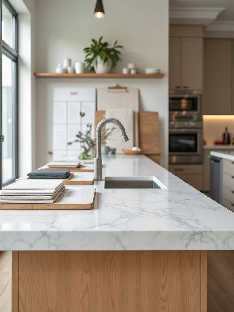 Vertical shot of a modern kitchen bar with material samples and ambient lighting